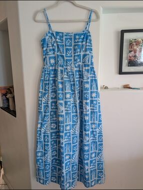 Elizabeth James Abigail Dress Blue Tropical Postcard Print Midi Size M EUC